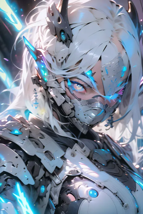 (Masterpiece), (Best quality), 1girll, Cyborg girl, Female warrior battlefield, Portrait, Close-up shot, (Blue glowing eyes), Cyborg armor, White armor，liuyifei