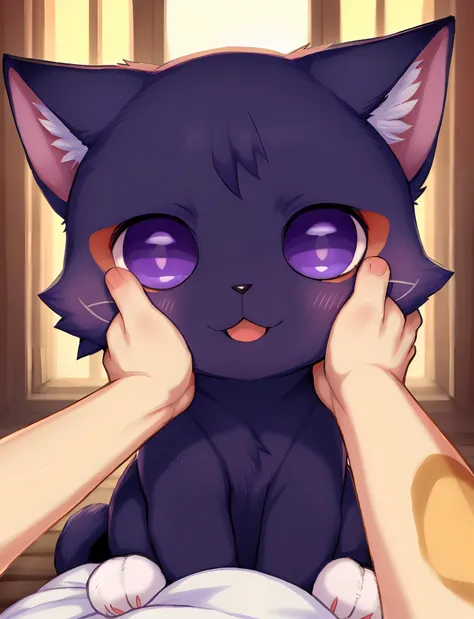 someone is holding their head to a cat with purple eyes, cute anime catgirl, pov furry art, anime cat, realistic anime cat, kawa...