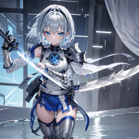 Anime teen girl, (((Blue and grey metal armor))), blue hand and thigh accessories, Short dark blue grey hair, hair accessories, grey eyes, silver earrings, nose, curious, healthy skin, very dirty, neck, shoulders, small chest, arms, ((((holding a sword pra...