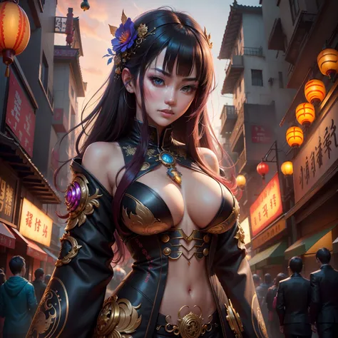 Detailed face, Chinatown, Beautiful girl, fantasy, complimentary colours, insanely detailed and intricate, hypermaximalist, opulent, Ultra photo realsisim, Super detailed, Guweiz style, magic, sorceress woman, Cyberpunk, Futuristic city, Ultra HD, Vivid, M...