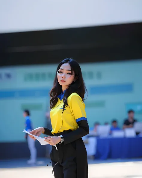 there is a woman that is standing in the street with a paper, student, nivanh chanthara, mai anh tran, photo taken in 2 0 2 0, avatar image, dang my linh, quy ho, profile picture, li zixin, profile image, ao dai, lady, clean image, xintong chen, in blue an...