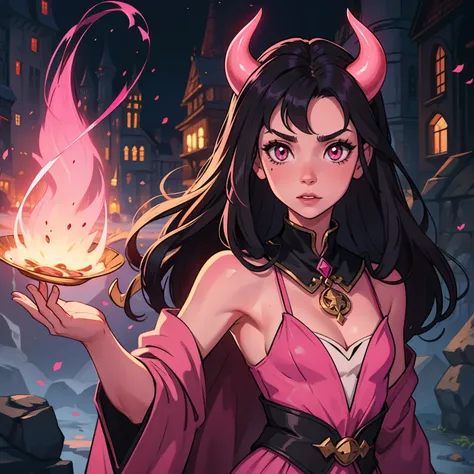 A beautiful pink-skinned woman pink as a pink-skinned devil with long black hair that goes all the way to the ground Make her like a sorceress in a setting filled with magic and mystery A character for medieval RPG she must be wearing medieval robes coveri...