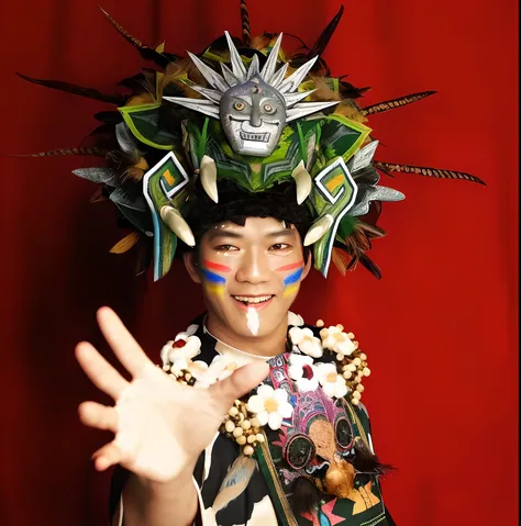 there is a man with a colorful hat and a hand up, inspired by I Ketut Soki, portrait of a robot shaman, aztec god, aztec warrior with jaguar mask, shpongle, gojo satoru, keisuke goto, portrait shot, ayahuasca shaman, portrait of quetzalcoatl, inspired by O...