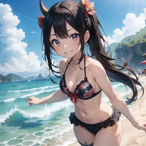 ​masterpiece、watercolor paiting（1:2）、2D、cute horns、Dragon Man、Ajin、girl with、mischievous look、Nihilistic smile、Floral bikini with a lot of fabric、Sea in clear skies、Beautiful beach、beachvolley、Receive、Bursting water droplets、Rolling sand、Diving Catch、