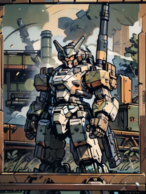 gatling gug,glowing,gun,holding,holding gun,holding weapon,((mecha)),no humans,robot,signature,smoke,standing,weapont,monet color,,stream,close shot,,oil painting,((post-impressionist)),Post Impressionist,Droplets,well,soft lighting,COOL,bulky,