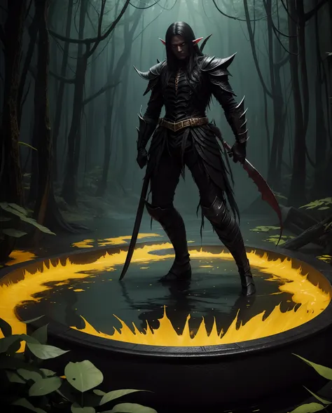 elf whos bottom half is a black worm, ropey black hair, black nightmare insect-like armor, long razor sharp claws, standing in a pool of yellow ichor, nightmare fuel, horror, Masterpiece, Best Quality