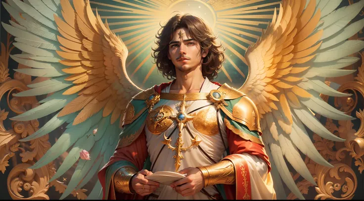 um personagem masculino bonito meia idade, o arcanjo Miguel, imagem celestial, detalhes intricados, realista, asas ROSAS e grandes, fundo angelical, Catholic illustrative image of the archangel Michael, Male character of the Bible, Michael is wearing his a...