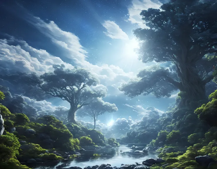 Illustration of a hyperrealistic , otherworldly, ultrasky scene featuring a giant crystal tree full body,very detailed and magical lighting, intricate forest details, vegetation and river around, solarpunk ,landscape, giant tree, beatifull leafy with beaut...