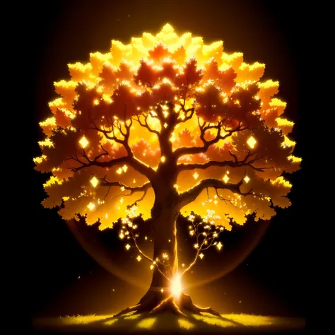 A wonderful magical tree that glows with golden light. Tarde. Gold coins are among the branches. Golden particles in the air. 16k. high resolution