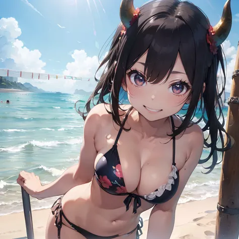 ​masterpiece、watercolor paiting（1:2）、((2D））、cute horns、Ajin、girl with、mischievous look、Nihilistic smile、Floral bikini with a lot of fabric、Sea in clear skies、Beautiful beach、Playing beach volleyball、Jump Serve、Watermelon groats、blindfolds