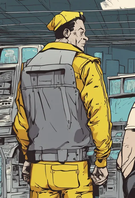 Estilo anime dos anos 90, vault boy usando um traje cinza claro com faixas neon de costas, um numero "1" aparecendo em amarelo no meio das costas