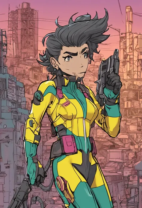 Estilo anime dos anos 90, fallout garoto de costas usando um traje cinza claro com faixas neon de costas, um numero "1" aparecendo em amarelo no meio das costas