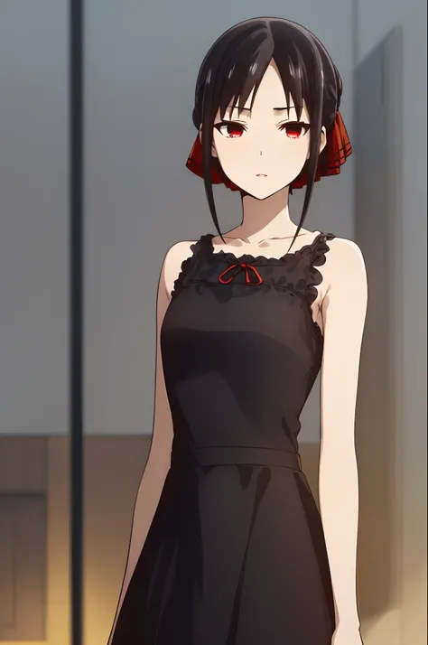 best quality, (masterpiece:1.2), detailed,
shinomiya kaguya,
1girl, solo,
black hair, red eyes, short hair, ((black dress, elegant dress)), red ribbon,
standing, ((((upper body))))