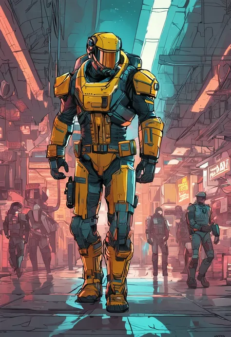 Estilo anime dos anos 90, fallout garoto de costas usando um traje scifi collant cinza claro com faixas neon de costas, um numero "1" aparecendo em amarelo no meio das costas