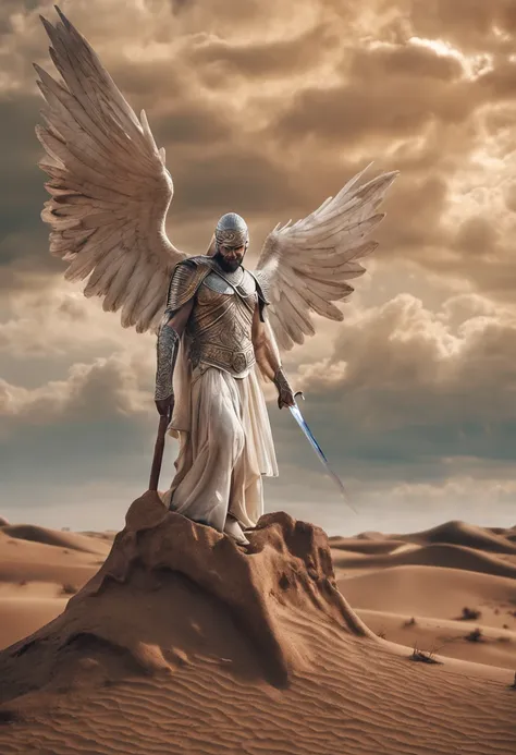 Arafed anjo com espada no deserto com poeira e rochas, arte digital por Daniel Lieske, Vencedor do concurso Pexels, arte digital, biblical accurate angel, humano alado, anjo protegendo o homem, Anjo com asas pretas, epic angel wings, asas de anjo grande be...