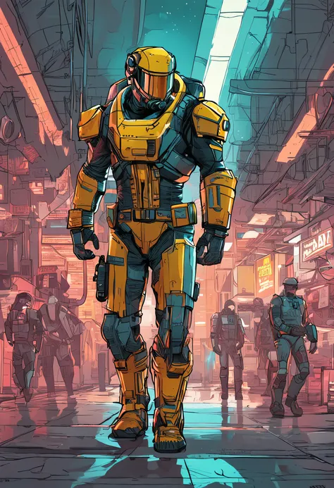 Estilo anime dos anos 90, fallout garoto de costas usando um traje scifi collant cinza claro com faixas neon de costas, um numero "1" aparecendo em amarelo no meio das costas