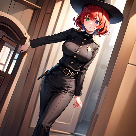 natural redhead woman, 1 woman, short curly hair, black cowboy hat, black uniform, full sheriff uniform, heterochromia, walking towards viewer, low angle