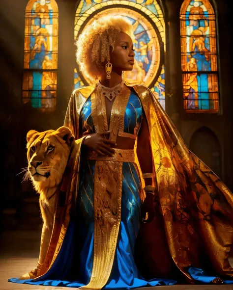 uma mulher em um vestido azul e capa dourada segurando um tigre, Princesa africana deslumbrante, beyonce as the pope, black emma watson as egyptian, beyonce as wonder woman, gorgeous goddess of leo, darkpowerful elegante, Princesa negra africana, padroeiro...