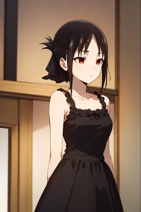 best quality, (masterpiece:1.2), detailed,
shinomiya kaguya,
1girl, solo,
black hair, red eyes, short hair, (((black dress, eleg...