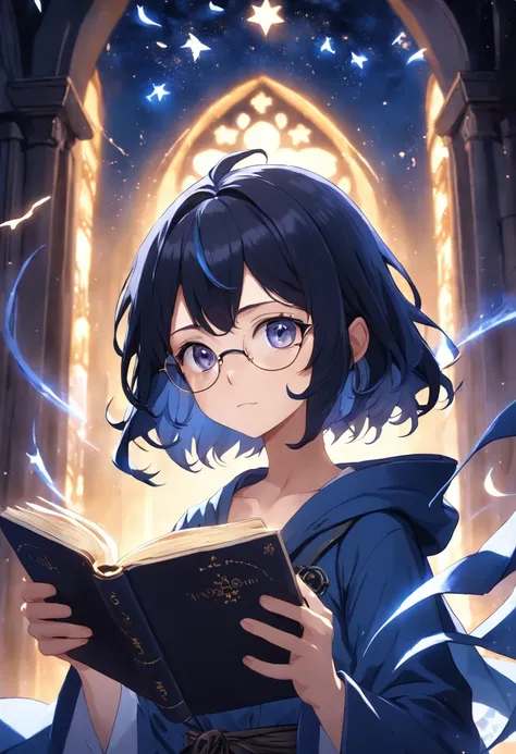 31 year old woman, short black wavy hair, glasses, black eyes, indigo blue hooded tunic with silver star details, a magic book, with the background of beams of light indicating magic