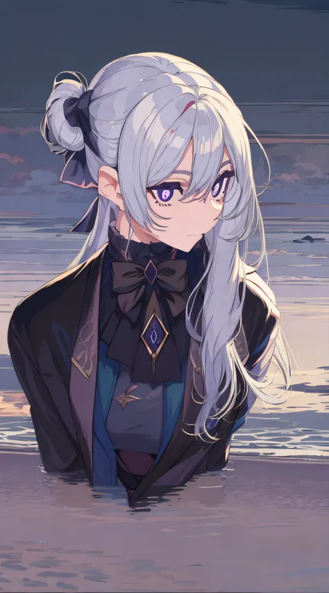 white color hair，purple pupils，black shirt，the seaside at dusk，sideface，blacksilk，bow knot