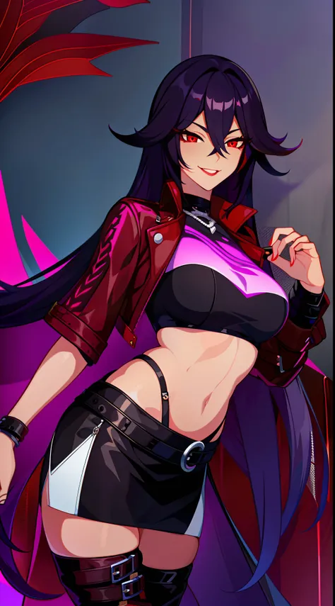 Adult woman, black skin, long purple hair, red eyes, purple top, leather jacket, leather skirt, smirk, open belly, open breasts, black lipstick, Masterpiece, hiquality