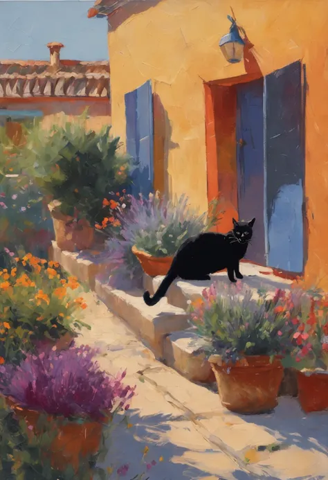 an impressionist painting of a black cat on a terrace of Southern France. There is a swimming pool, lavender bushes and flower pots