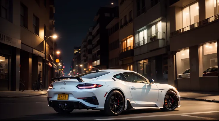 A white sports car on a city road at night. Buildings with colorful lights at the side of the road.