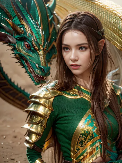 A beautiful elf with a emerald dragon, ((girl wearing golden armor)), perfect facial features, delicate face, long hair, graceful, wisdom, courage, scales, horns, flames, wings, dragon claws, dragon protecting the girl, background for ancient desert, myste...