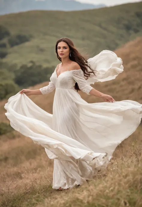 A woman in a flowing white dress stands on top of a hill, sua voz ressoando do outro lado do vale.