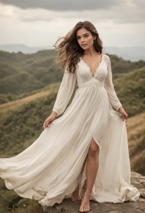 A woman in a flowing white dress stands on top of a hill, sua voz ressoando do outro lado do vale.