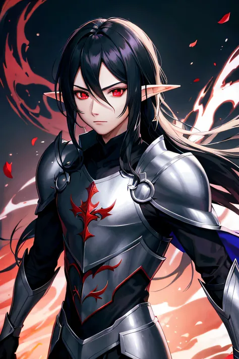 Elf male anime stile full dark armor possessed by a demon , black hair , eyes red ascended