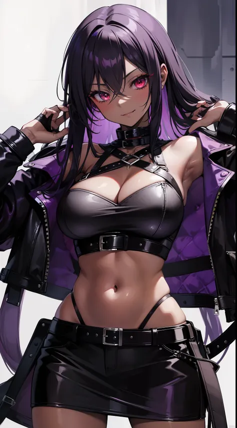 Adult woman, black skin, long purple hair, red eyes, purple top, leather jacket, leather skirt, smirk, open belly, open breasts, black lipstick, Masterpiece, hiquality