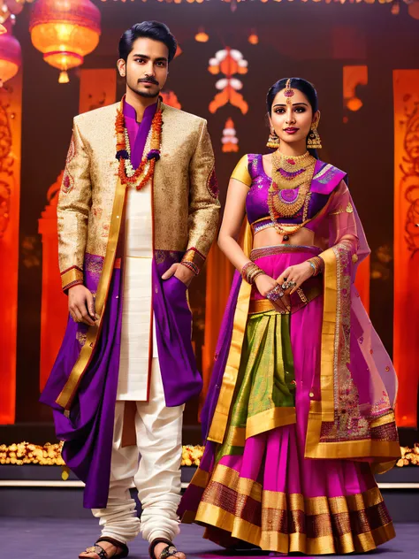 a man and woman in traditional indian attire standing on a stage, traditional, exclusive, well edited, lovely couple, wearing traditional garb, couple, adorned with precious stones, details galore, realistic, wearing bihu dress mekhela sador, peredvishniki...