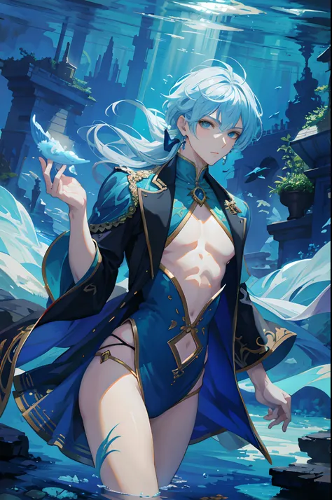 merfolk, Underwater world, male people, Fantasy creatures, fantasy, anime big breast, mito, skinny male fantasy alchemist, Extremely detailed Artgerm, by Yang J, ! Dream Artgerm, Fanart Meilleure ArtStation, Genshin, zerochan art, author：Shitao