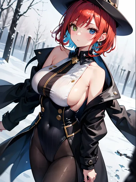 natural redhead woman, 1 woman, zoomed out, short curly hair, black cowboy hat, black uniform, full sheriff uniform, heterochromia, walking towards viewer, low angle, bare shoulders, sideboobs, striped shirt, high leotard, long black coat, snow