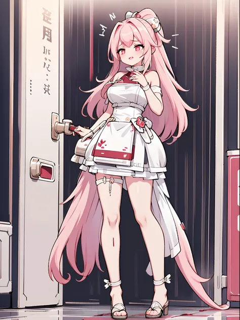 pretty girl with pink hair，with hair dishevelled，hair messy，white light dress，bare legged，barefoot，be covered in blood，kitchen k...