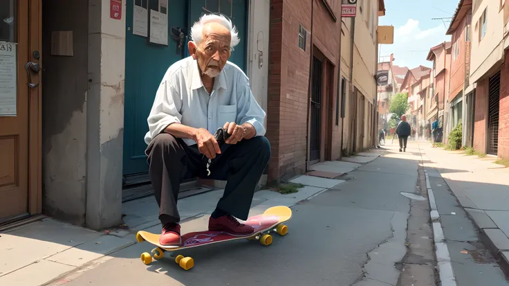 An old man on a skateboard