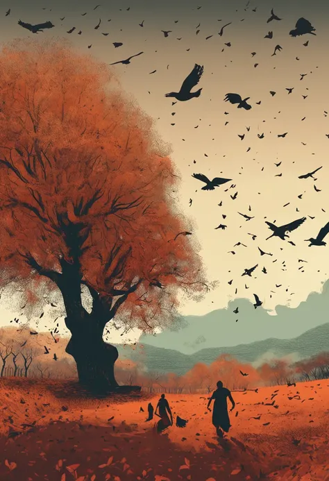 drawing of a big group of people walking in a field with a crows flying overhead, drawn in dark fantasy realisticstile, middle age, , trees, dark fantasy, Autumn colors , autumn time, leaves in the wind