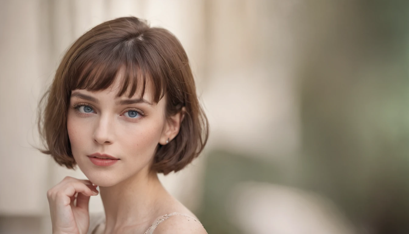 a young caucasian woman, short hair & bangs, blue eyes, 80s retro picture aesthetic, looks like she is confidently posing for the camera, keep the same aspect ratio, The colors are masterfully captured by Nikon D850 and a Nikon AF-S NIKKOR 70-200mm f/2.8E ...