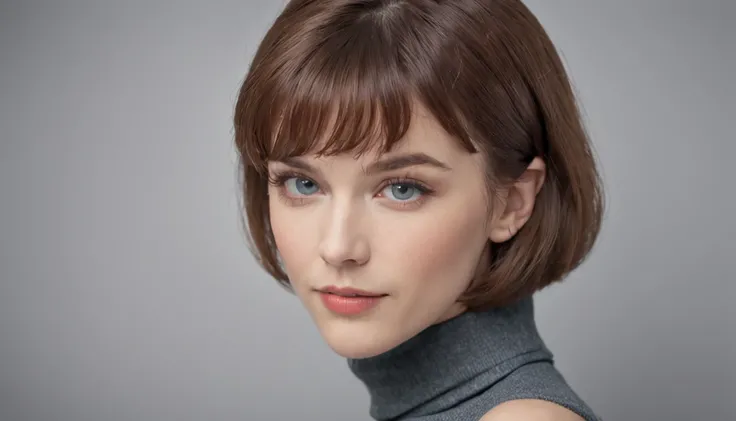 a young caucasian woman, short hair & bangs, blue eyes, 80s retro picture aesthetic, looks like she is confidently posing for the camera, keep the same aspect ratio, The colors are masterfully captured by Nikon D850 and a Nikon AF-S NIKKOR 70-200mm f/2.8E ...