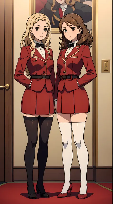 (Anime screencap), (masterpiece, high quality, best quality), (brown hair, blonde hair, curly hair, different hair colors), hazel eyes, red sexy skirt suits, red blazers, red pencil skirts, white thighhighs, black high heels, uniforms, 2girls, (one blonde ...