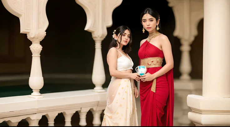 there are one couple, standing on a, Taj mahal Symmetric Balcony, balcony of a building, in balcony of palace, assamese aesthetic,, biopic, detailed architecturl shot, photo taking from the bottom , wide shot , still from a movie, palatial scene, shot from...