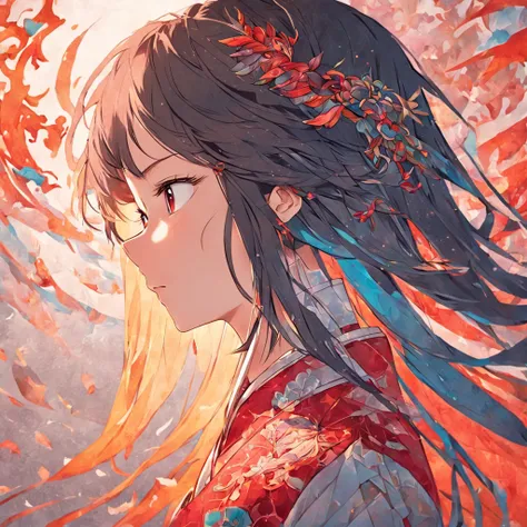 (White background:1.4),(Silhouette of a girls head, Eyes closed, colorfull long hair, Oriental elements)，(Chinese illustration:1.3，paper art:1.3, Quilted paper art:1.2),( reasonable design, Clear lines, High sharpness,Best quality, Very detailed, Masterpie...