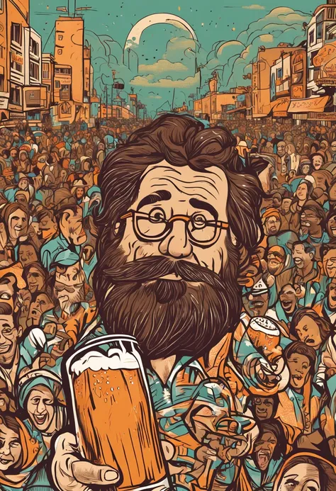 (Um cartaz impressionante) with superior quality and crisp detail, Draw a 30-year-old boy drinking an amazing beer. Bebida gelada. The cheerful atmosphere overflows with excitement and festivity as the crowd cheers in celebration of the holiday.