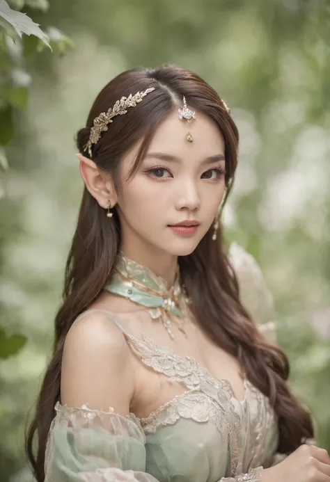 Elf Princess，Asian face shape: Fairy air ethereal、Asian flair、Delicate and gentle、Water spirit eyes、Slim facial features、Elegant hairstyle、Gorgeous costumes、Exquisite jewelry、Youth and liveliness