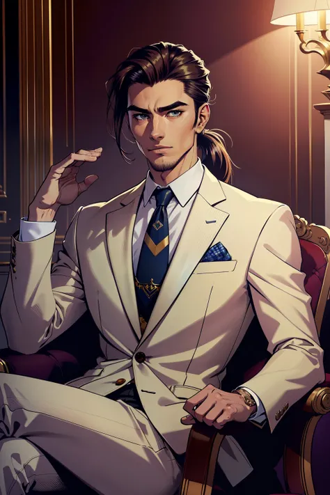 Character sitting in a chair with his arm raised, Cabelos escuros (neck-length hair tied in a ponytail), nice pose, homem bonito, cara do chade, cara bonita, Pose elegante real, Businessman, (usando um blazer listrado)