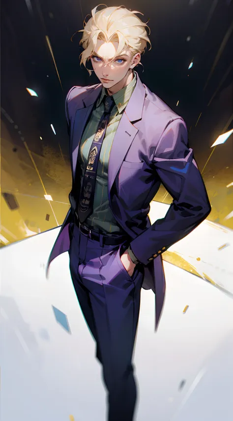 kirayoshikage, kira yoshikage, 1boy, blonde hair, short hair, mature male, cheekbones, purple eyes,
break belt, formal, necktie,...