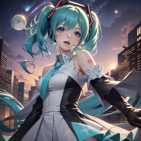 {{masterpiece}},(hatsune miku,girl as image subject,cowboy shot,sing with microphone in hand,outdoor,stand on the concert stage,...