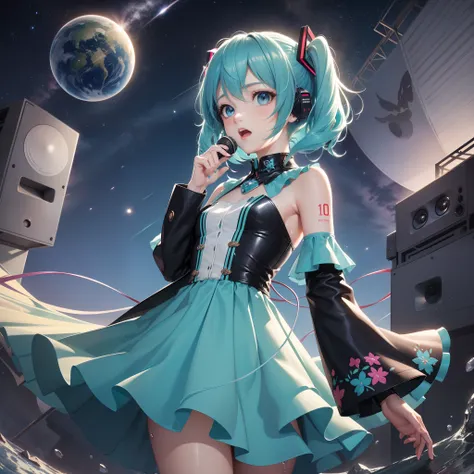 {{masterpiece}},(hatsune miku,girl as image subject,cowboy shot,sing with microphone in hand,outdoor,stand on the concert stage,...